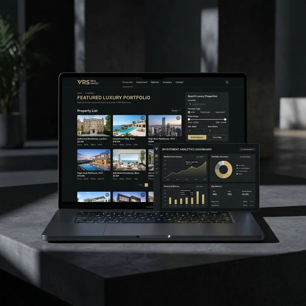 VRS Real Invest website mockup inside desktop and mobile device frames